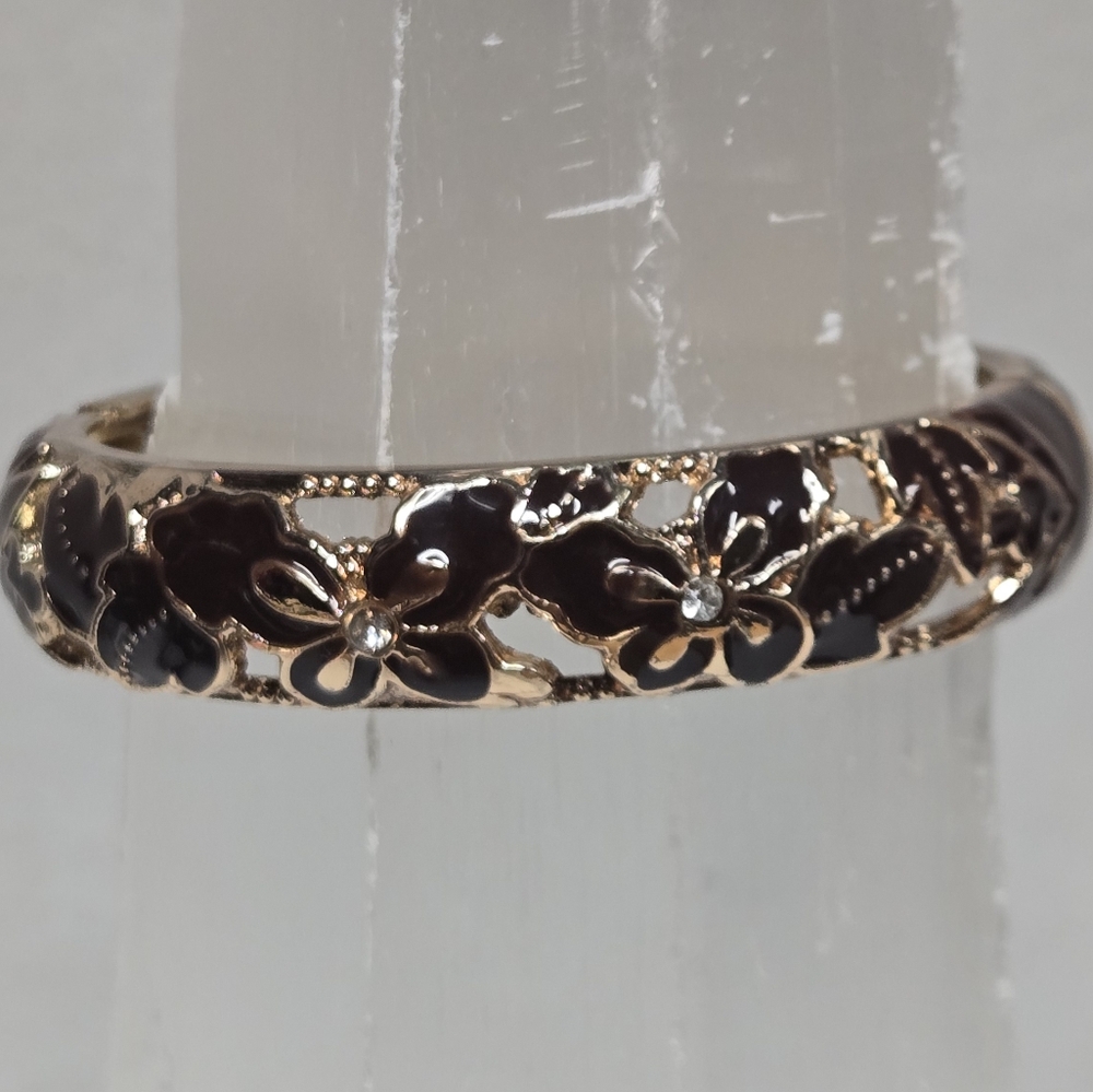 Gold w/Brown Enamel & Crystals Butterfly Flr Design Clamp Bangle 14mm 2 3/8" Dia